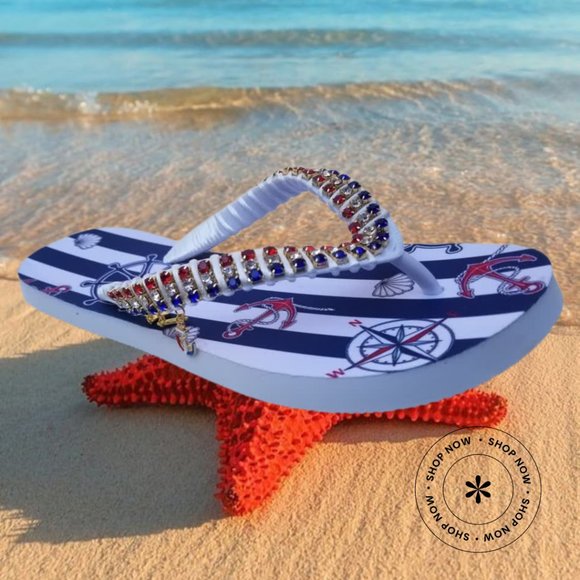 Women's Luxury nautical flip flops, with crystals and rhinestones, all occasions - Picture 17 of 17